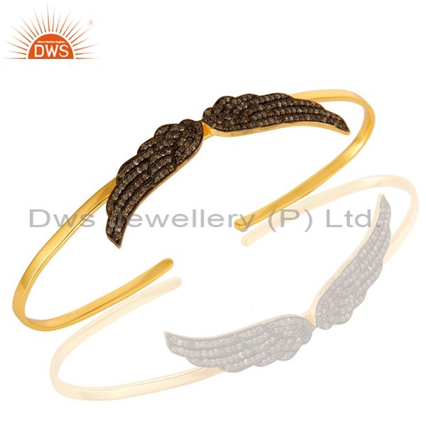 Pave set diamond angel wing cuff bangle bracelet made in 18k gold over silver