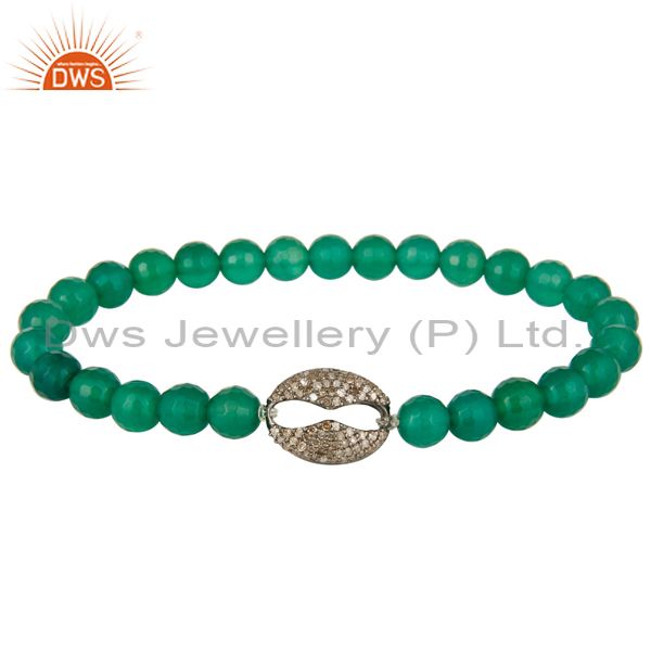 Faceted green onyx beads stretch bracelet with pave set diamond silver charms