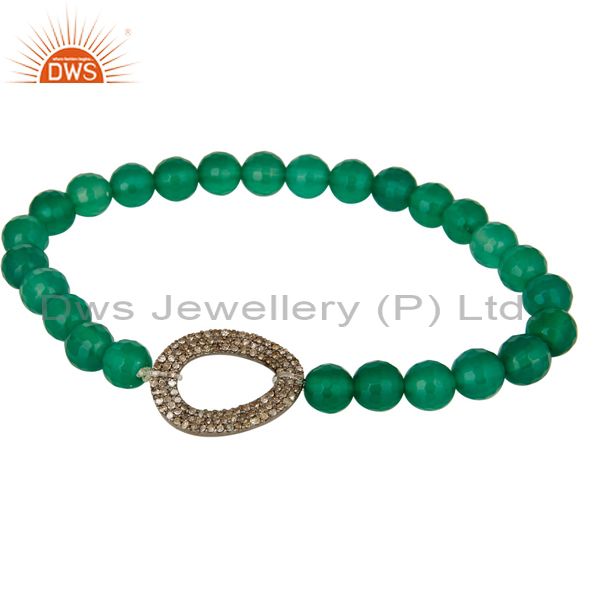 Natural green onyx faceted gemstone stretch bracelet with pave set diamond charm