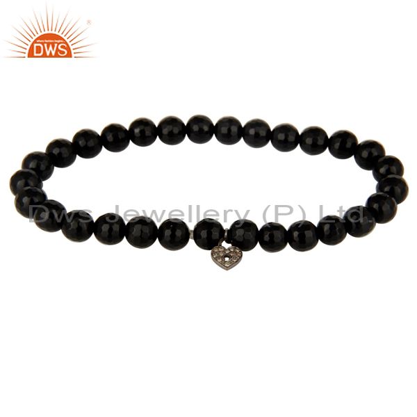 Faceted black onyx beads pave diamond sterling silver lock charms bracelet