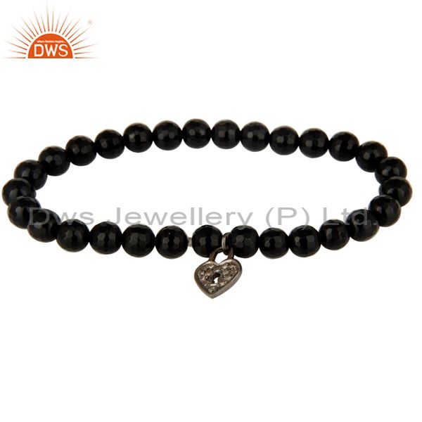 6mm black onyx gemstone beads stretch bracelet with silver pave diamond charms