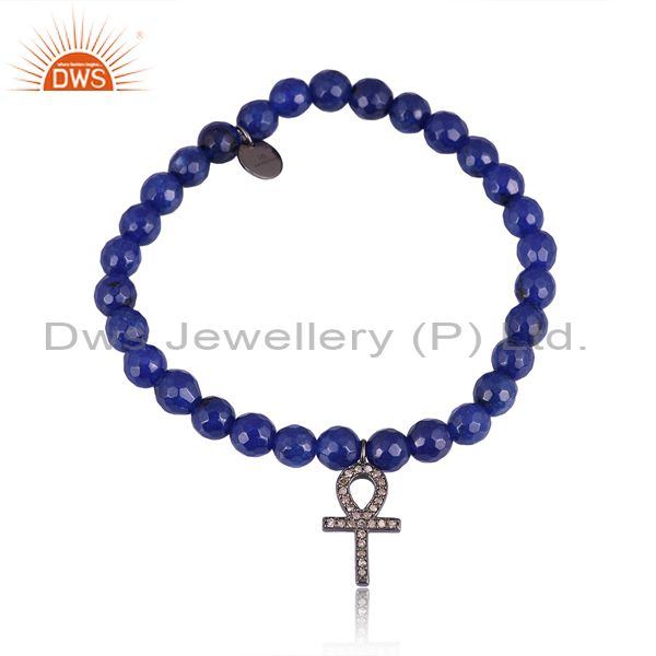 Sterling silver pave diamond "ankh" cross charm blue aventurine stretch bracelet