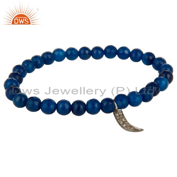 Blue aventurine sterling silver pave diamond shark teeth charms stretch bracelet