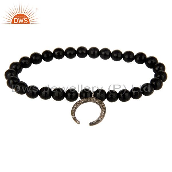 925 sterling silver pave diamond horseshoe charms black onyx beads bracelet