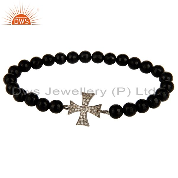 Pave diamond sterling silver star charm black onyx gemstone stretch bracelet