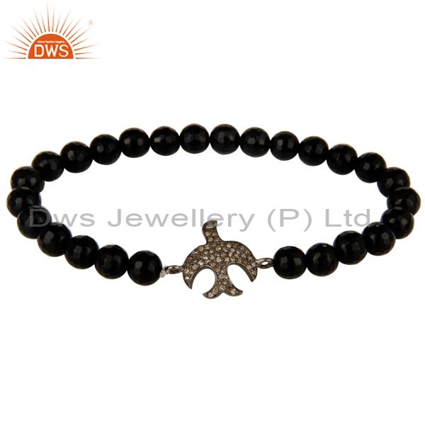 925 silver pave diamond flying bird charms black onyx gemstone stretch bracelet