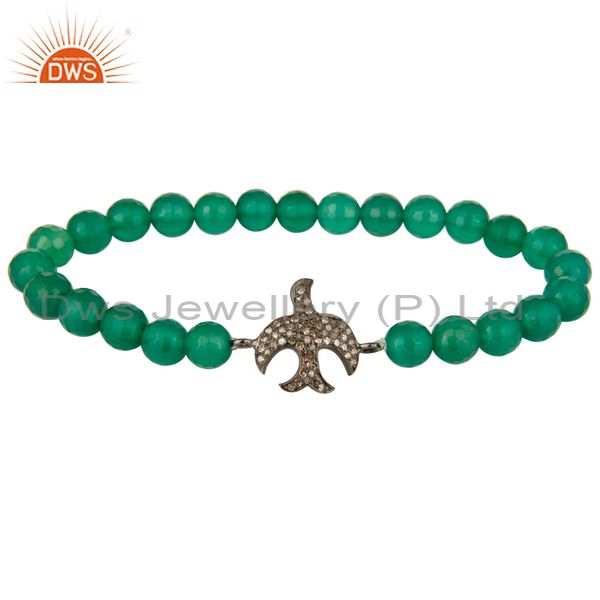 Silver pave set diamond flying bird charm faceted green onyx adjustable bracelet