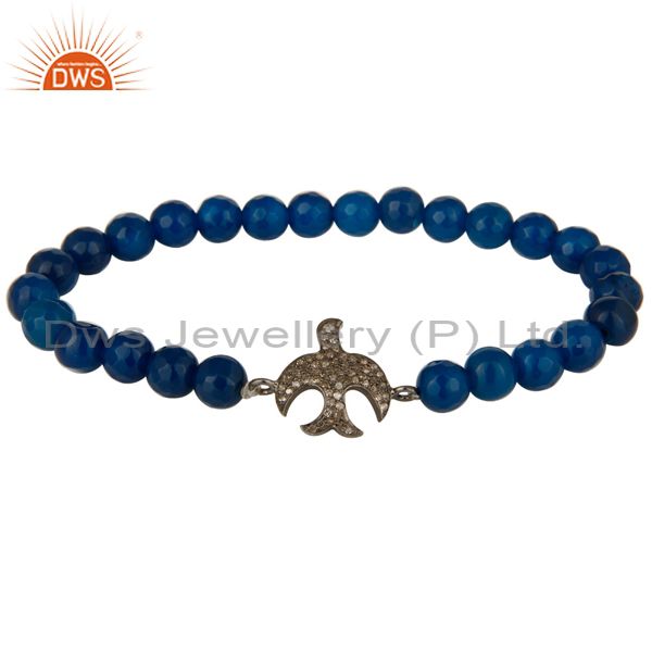 Blue aventurine beads sterling silver pave diamond flying birds charms bracelet
