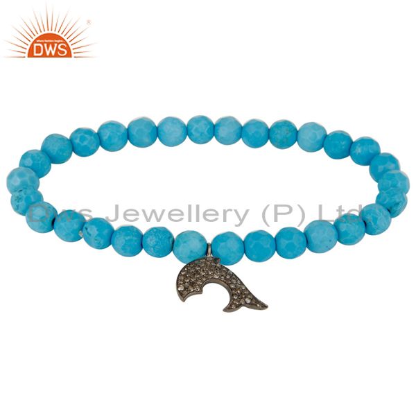 Pave diamond silver dolphin charms faceted turquoise beaded stretch bracelet
