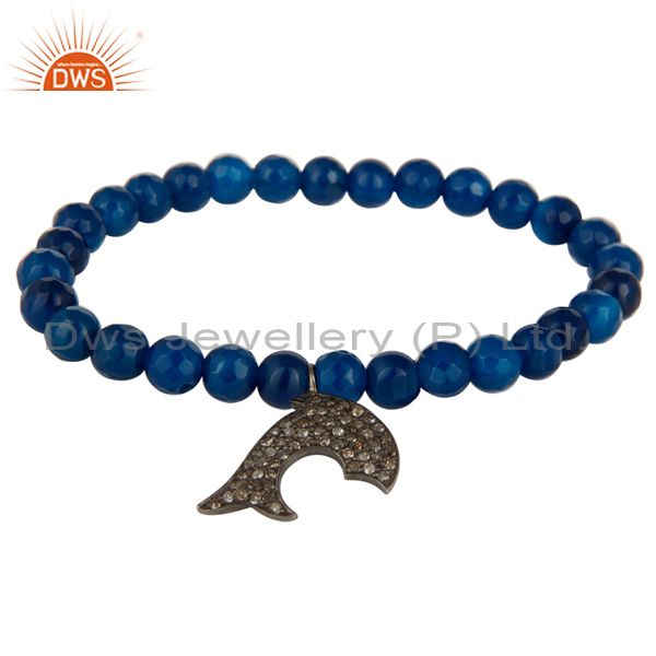 Blue onyx 925 sterling silver pave diamond dolphin charm stretch bracelet