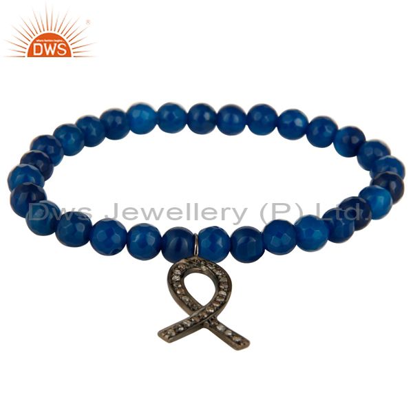 Blue onyx beads 925 silver pave diamond awareness ribbon charms stretch bracelet