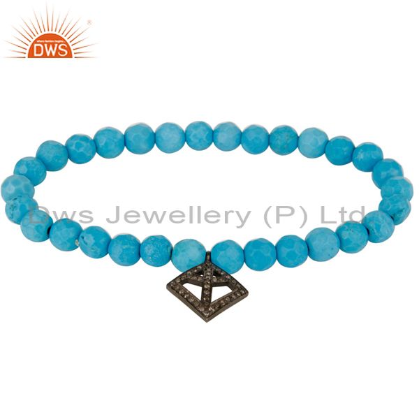 Pave diamond 925 silver peace charm turquoise gemstone stretch bracelet