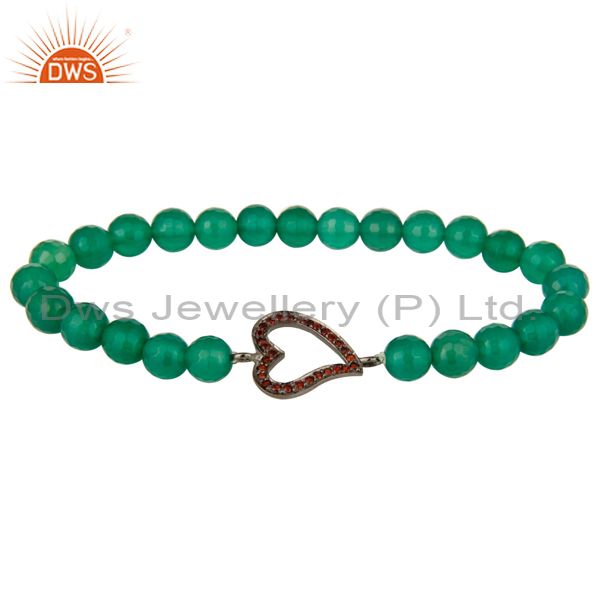 Faceted green onyx gemstone stretch bracelet with spessartite garnet heart charm