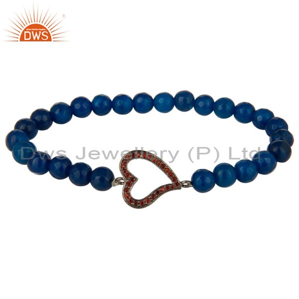 Faceted blue onyx gemstone stretch bracelet with spessartite garnet heart charms