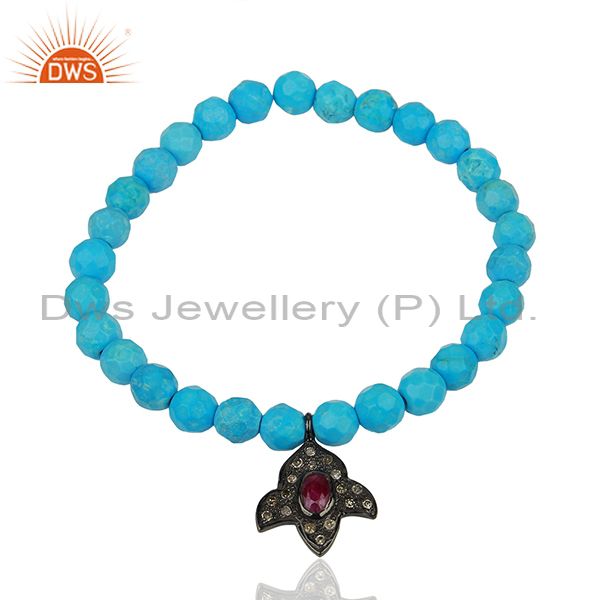 Turquoise beads gemstone pave diamond strechable bracelet jewelry