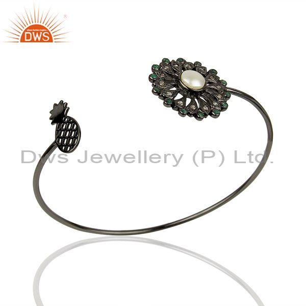 Natural pearl gemstone pave diamond 925 silver cuff bangle supplier