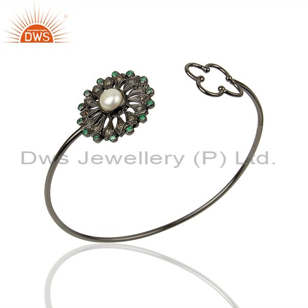 Handmade silver pearl gemstone pave diamond cuff bangle supplier