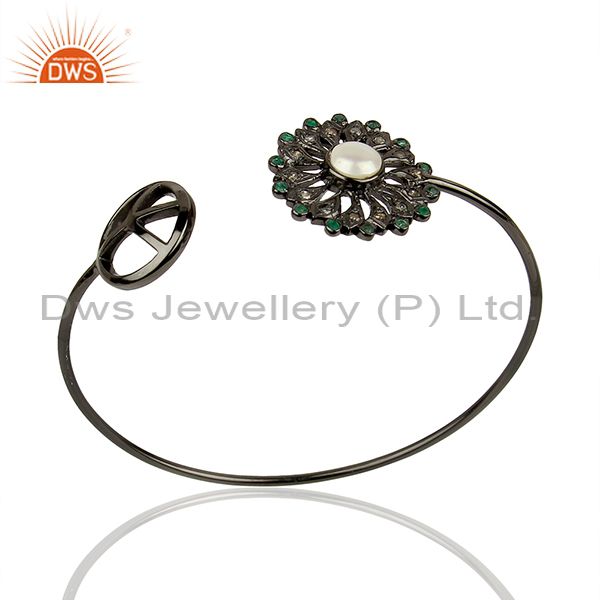 925 silver pearl gemstone pave diamond cuff bangle wholesale jewelry