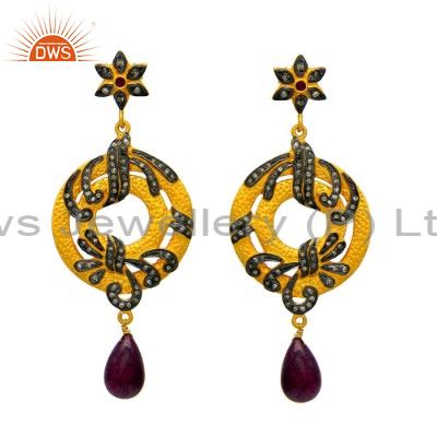 18K Yellow Gold Sterling Silver Pave Diamond And Ruby Dangle Earrings