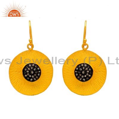 22K Yellow Gold Plated Sterling Silver Pave Set Diamond Disc Dangle Earrings