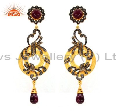 18K Yellow Gold Plated Sterling Silver Pave Diamond And Ruby Dangle Earrings