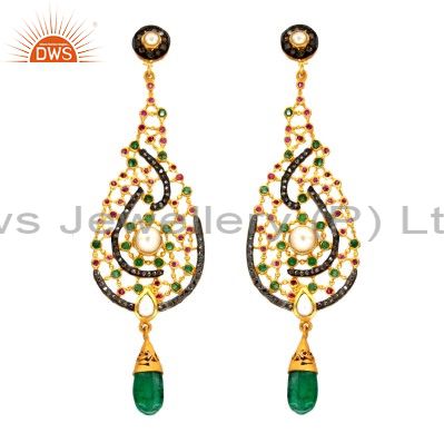 18K Gold Plated Sterling Silver Pave Diamond And Emerald, Pearl Dangle Earrings