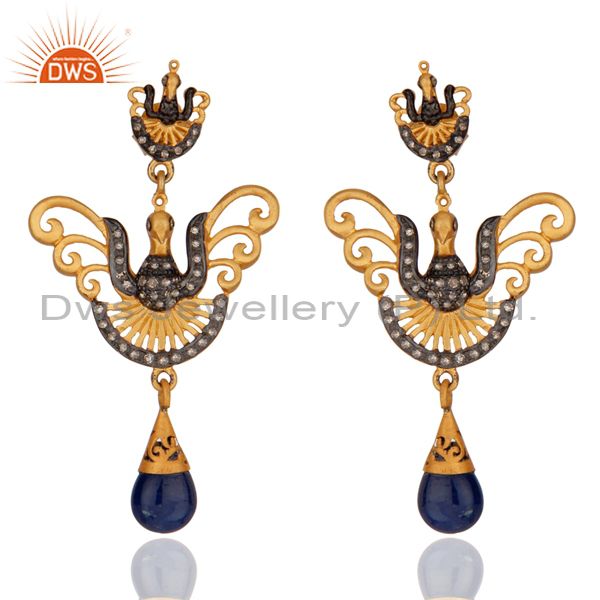 14K Gold Sterling Silver White Topaz And Blue Sapphire Peacock Dangle Earrings
