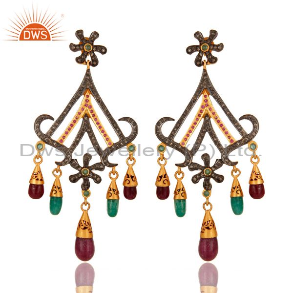 18K Gold And Sterling Silver Pave Diamond Ruby & Emerald Chandelier Earrings
