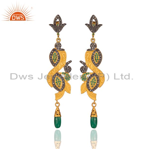 Long Dangler!Gold Plated Sterling 925 Silver Real Diamond Pave Emerald Earring