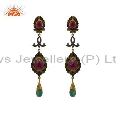 Pave Set Diamond And Emerald, Ruby 18K Gold Sterling Silver Dangle Earrings