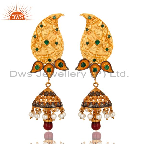 18K Gold On Sterling Silver Ruby, Emerald Pave Diamond Jhumka Earrings