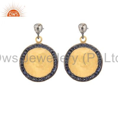 18K Gold Plated Sterling Silver Rose Diamond And Blue Sapphire Disc Earrings