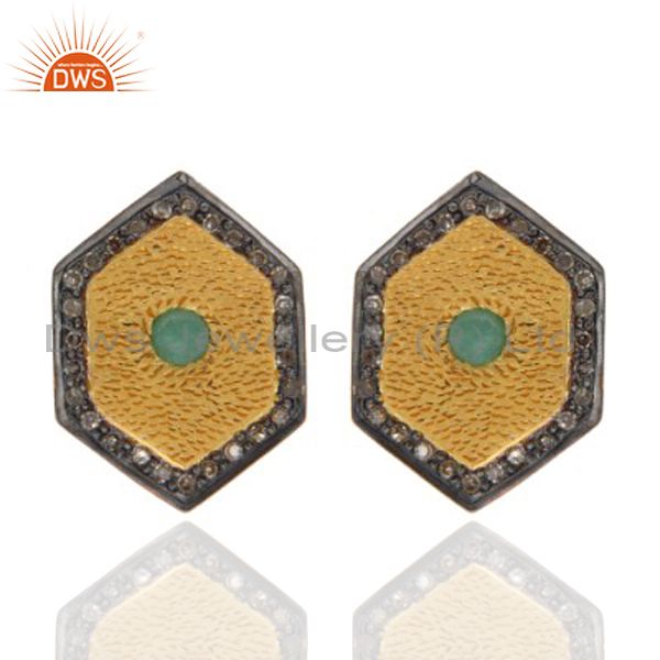 Gold Plated 925 Sterling Silver Pave Diamond Emerald Gemstone Women Stud Earring