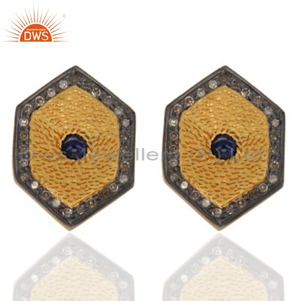 Pave Diamond Blue Sapphire Gemstone Stud Earring Made In 18K Gold Over Sterling