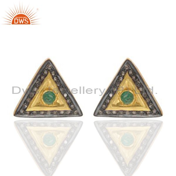 925 Sterling Silver Pave Diamond Emerald Beautiful Trillian shape Stud Earring