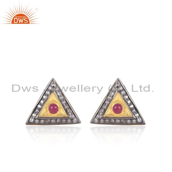 Cz and ruby set gold and black plated silver rhombus tops