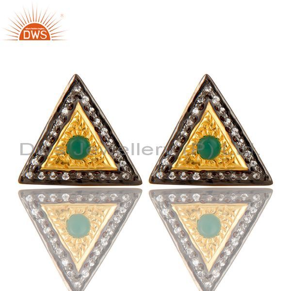14K Yellow Gold Plated Sterling Silver Green Onyx And CZ Stud Earrings For Her