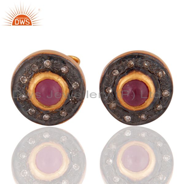 Pave Diamond Ruby Gemstone Stud Earring 925 Sterling Silver Gold Plated Jewelry