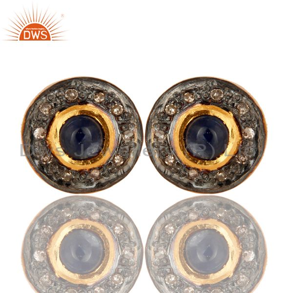 Blue Sapphire Pave Diamond Round Stud Earrings In 18K Gold Over Sterling Silver