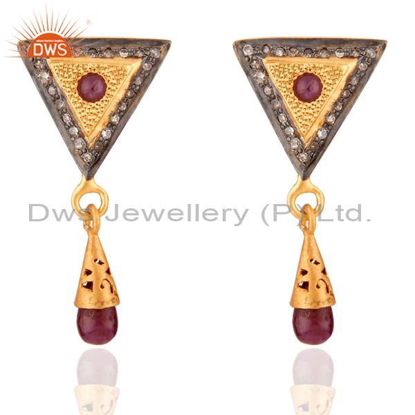 Handmade Pave Diamond Ruby Gemstone 18k Gold Over 925 Sterling Silver Earrings