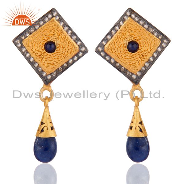 Natural Real Pave Diamond Blue Sapphire 925 Sterling Silver Fashion Drop Earring