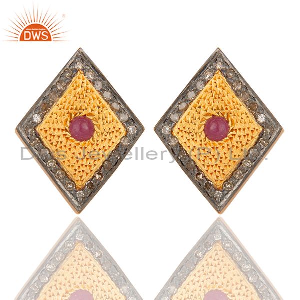 925 Sterling Silver Ruby Gemstone Pave Diamond Stud Earring With Gold Plated