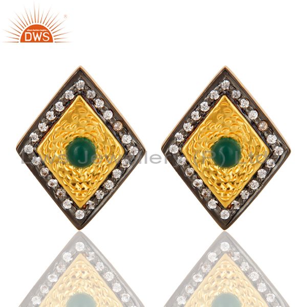 14K Yellow Gold Plated Sterling Silver Green Onyx And CZ Womens Stud Earrings