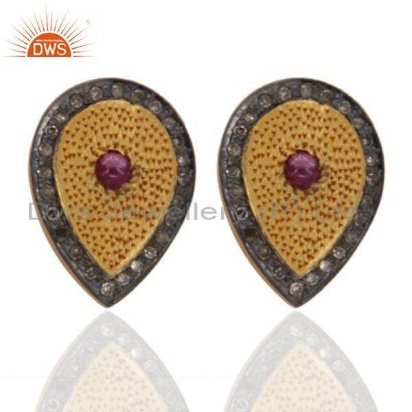 Ruby Gemstone Pave Diamond 925 Sterling Silver Stud Earring With Gold Plated