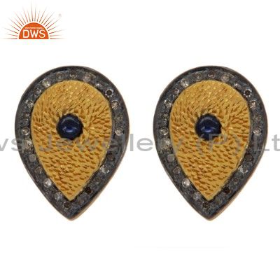 Sapphire Gemstone Pave Diamond 925 Sterling Silver Stud Earring With Gold Plated