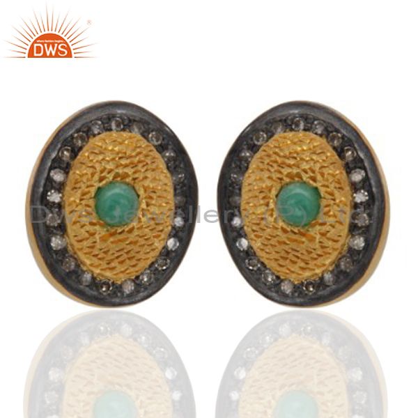 Gold Plated Sterling Silver Oval Stud Earrings With Pave Diamond Emerald Jewelry