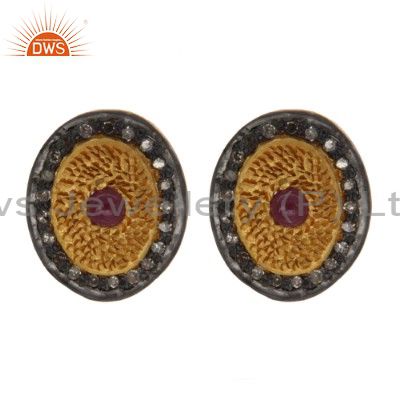 Yellow Gold Plated Sterling Silver Pave Diamond Ruby Oval Stud Earrings