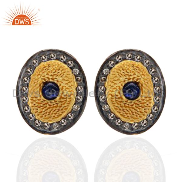 18K Gold Over Sterling Silver Blue Sapphire Gemstone Pave Diamond Stud Earrings