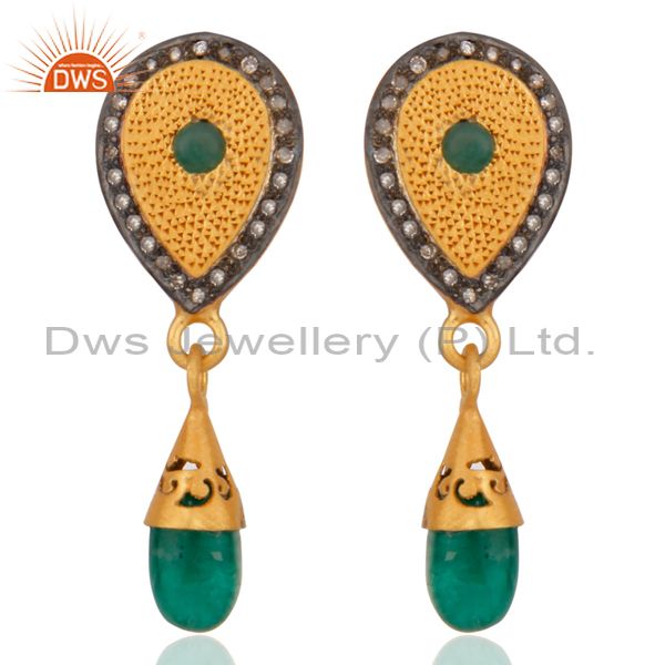 925 Sterling Silver Real Emerald Pave Diamond Designer Gemstone Dangle Earrings