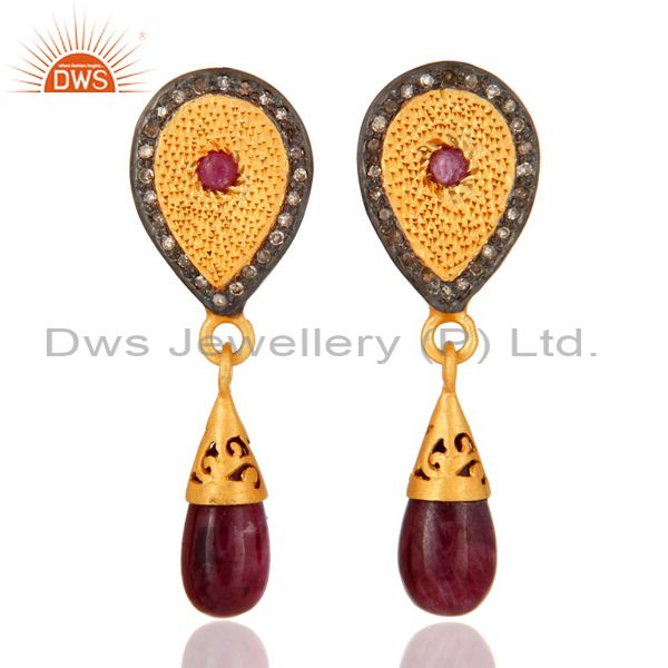 Gold Plated 925 Sterling Silver Pave Diamond Gemstone Drop And Dangle Earrings